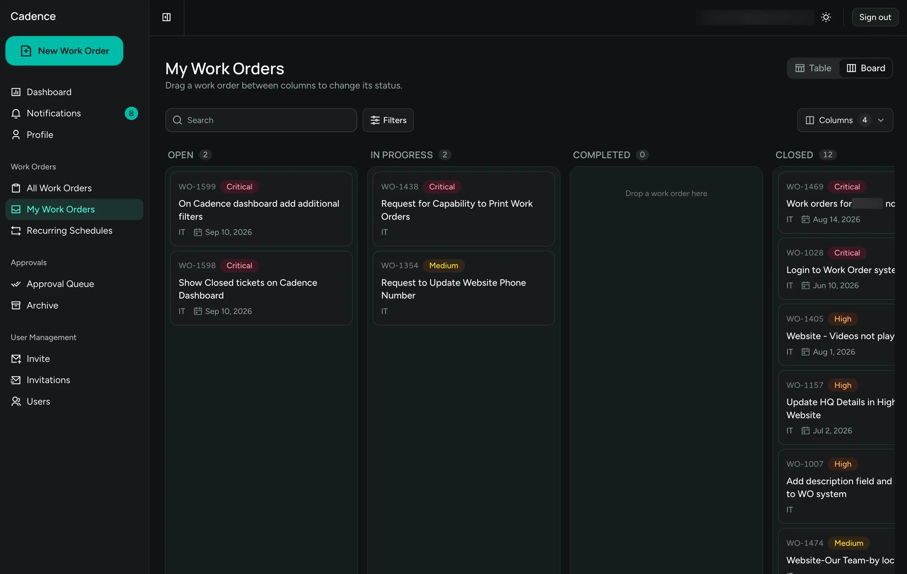 Workflow 360 work order board